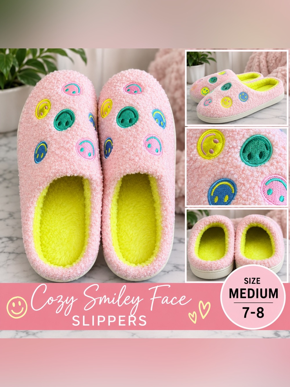 Cozy Smiley Face Slippers – Pink – Size Medium 7–8